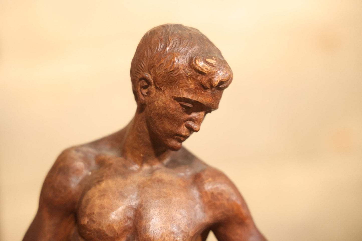 Vintage Folk Art Hand Carved Wood Sculpture Of Boy Fisherman Holding Large Catch, 18-5/8" H