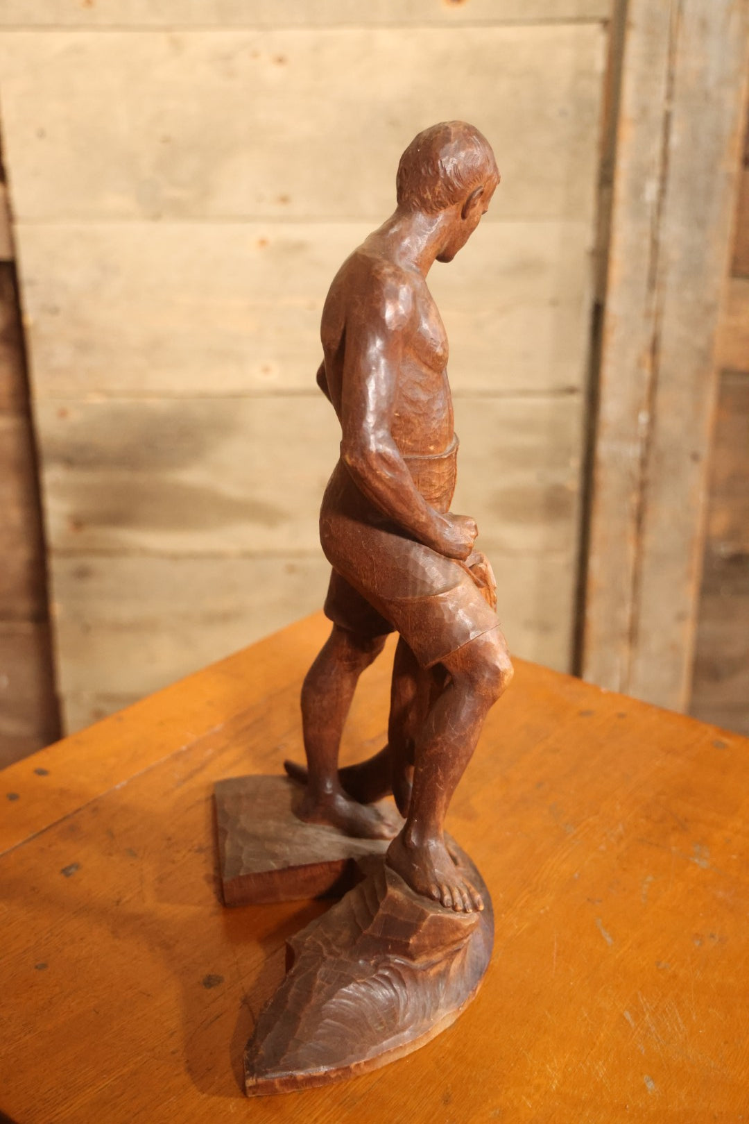 Vintage Folk Art Hand Carved Wood Sculpture Of Boy Fisherman Holding Large Catch, 18-5/8" H