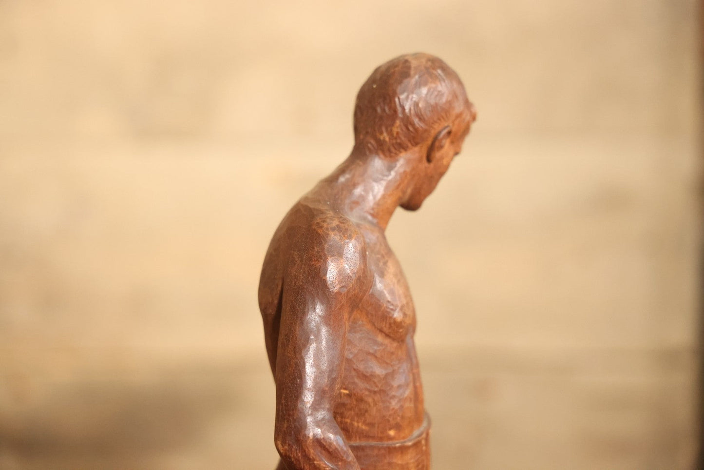 Vintage Folk Art Hand Carved Wood Sculpture Of Boy Fisherman Holding Large Catch, 18-5/8" H