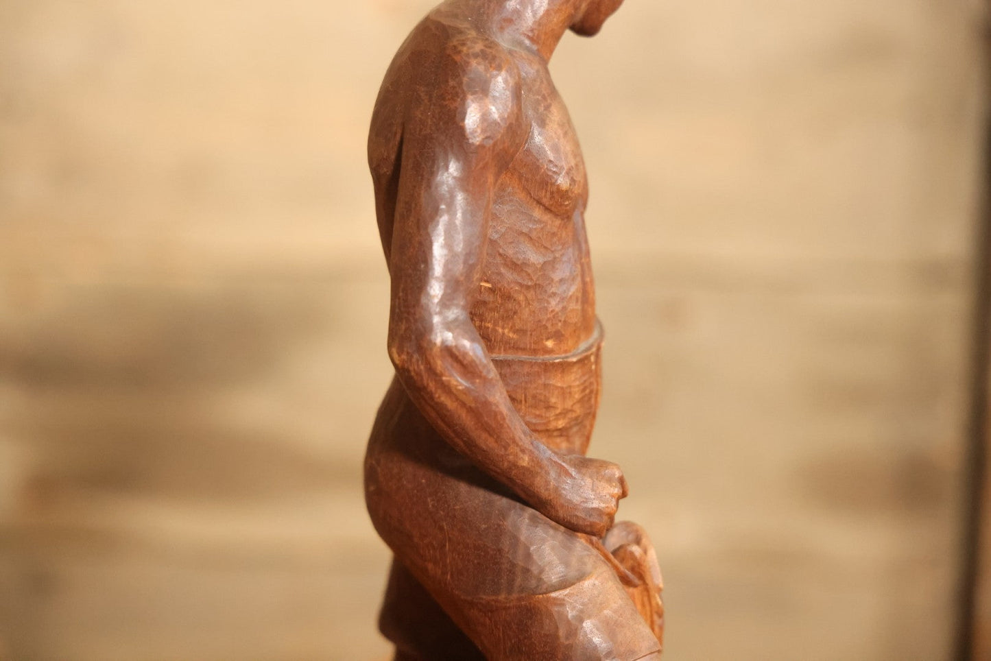 Vintage Folk Art Hand Carved Wood Sculpture Of Boy Fisherman Holding Large Catch, 18-5/8" H