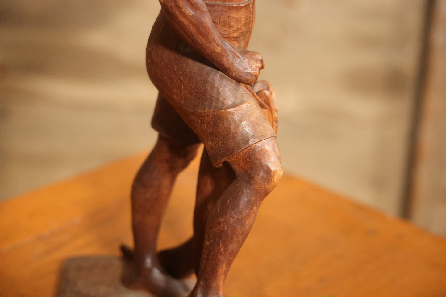 Vintage Folk Art Hand Carved Wood Sculpture Of Boy Fisherman Holding Large Catch, 18-5/8" H