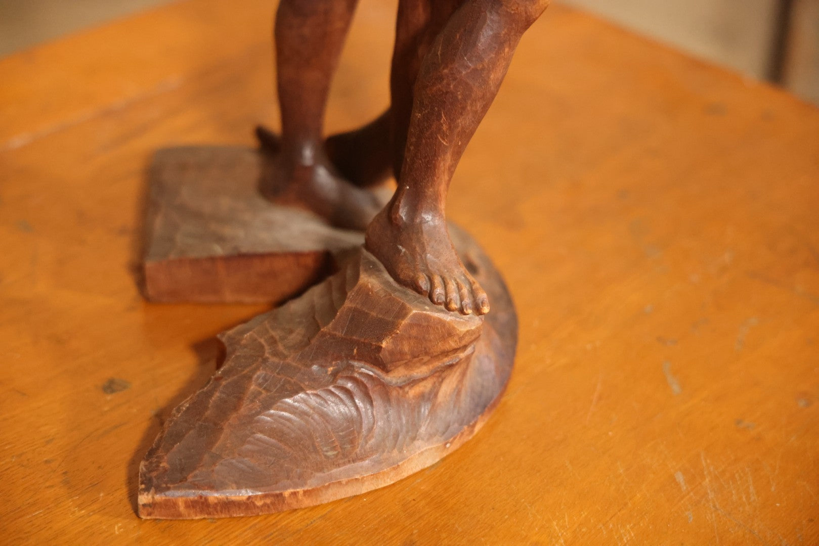 Vintage Folk Art Hand Carved Wood Sculpture Of Boy Fisherman Holding Large Catch, 18-5/8" H