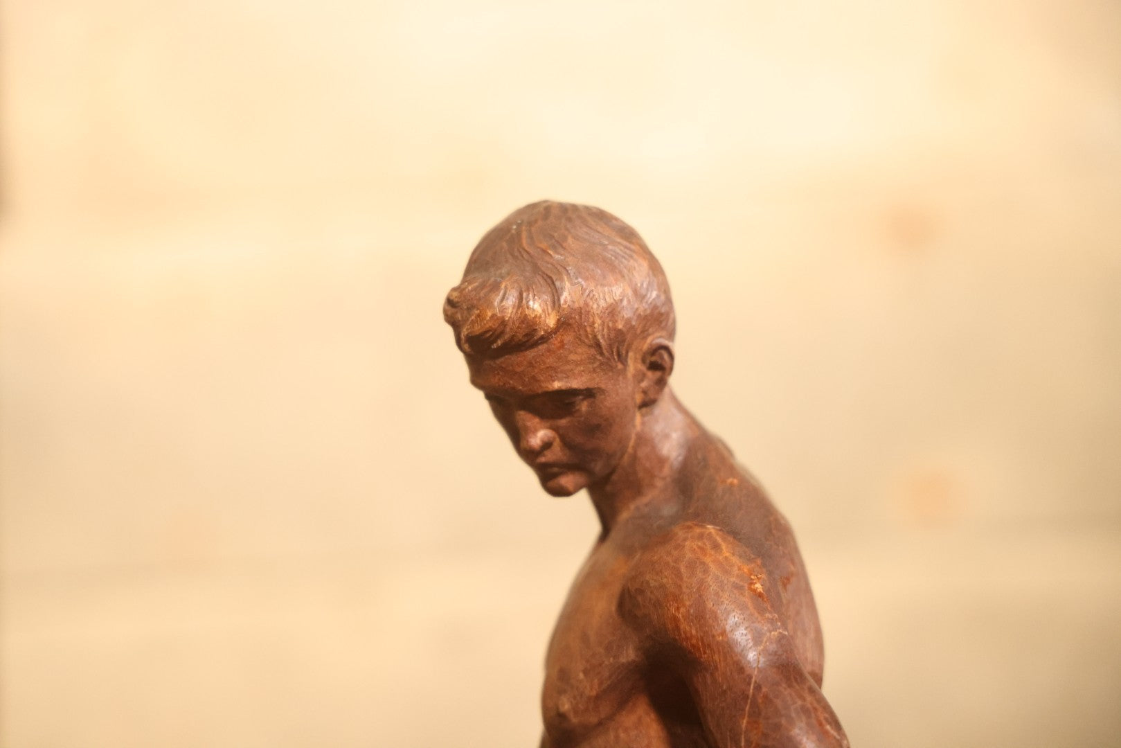 Vintage Folk Art Hand Carved Wood Sculpture Of Boy Fisherman Holding Large Catch, 18-5/8" H