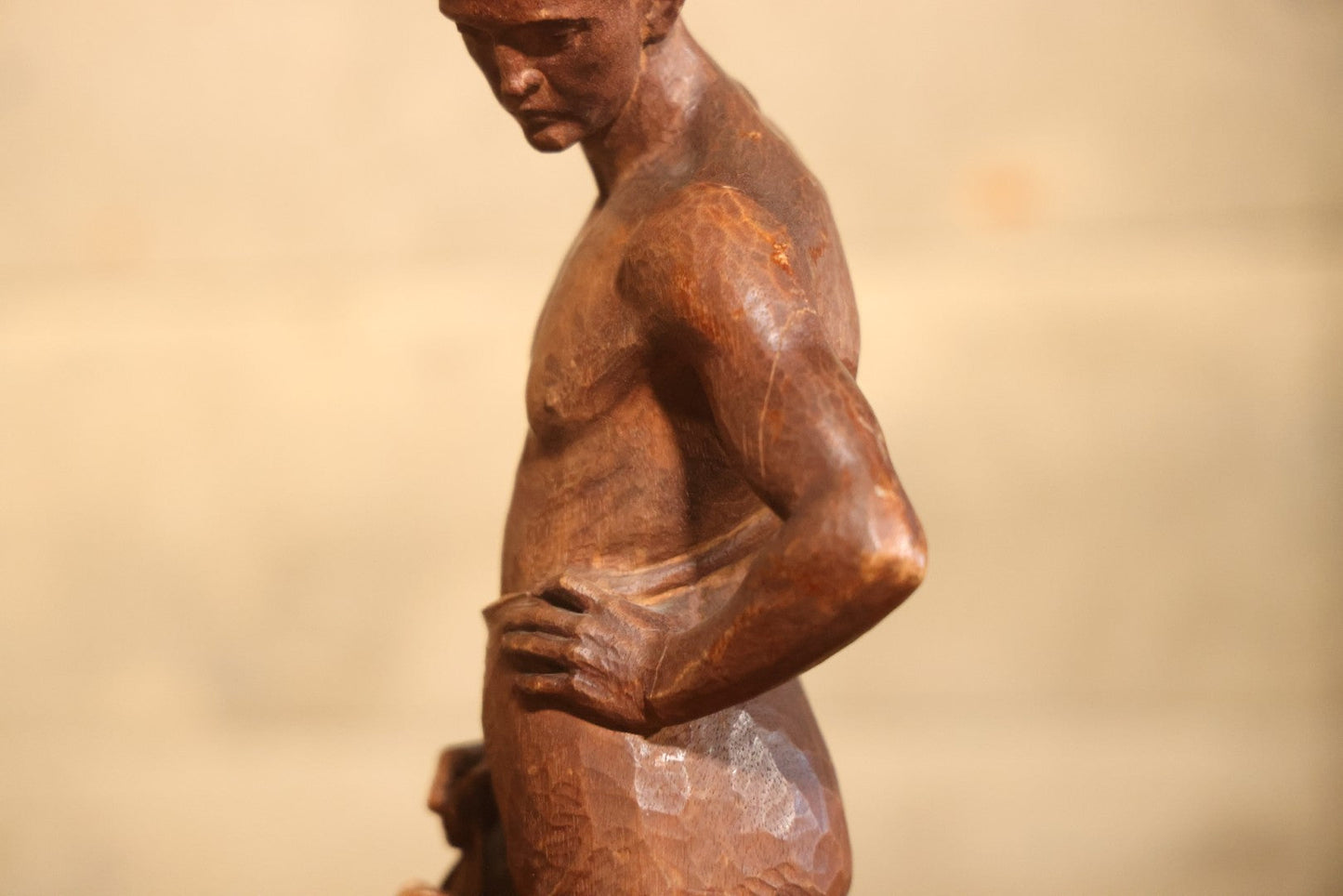 Vintage Folk Art Hand Carved Wood Sculpture Of Boy Fisherman Holding Large Catch, 18-5/8" H