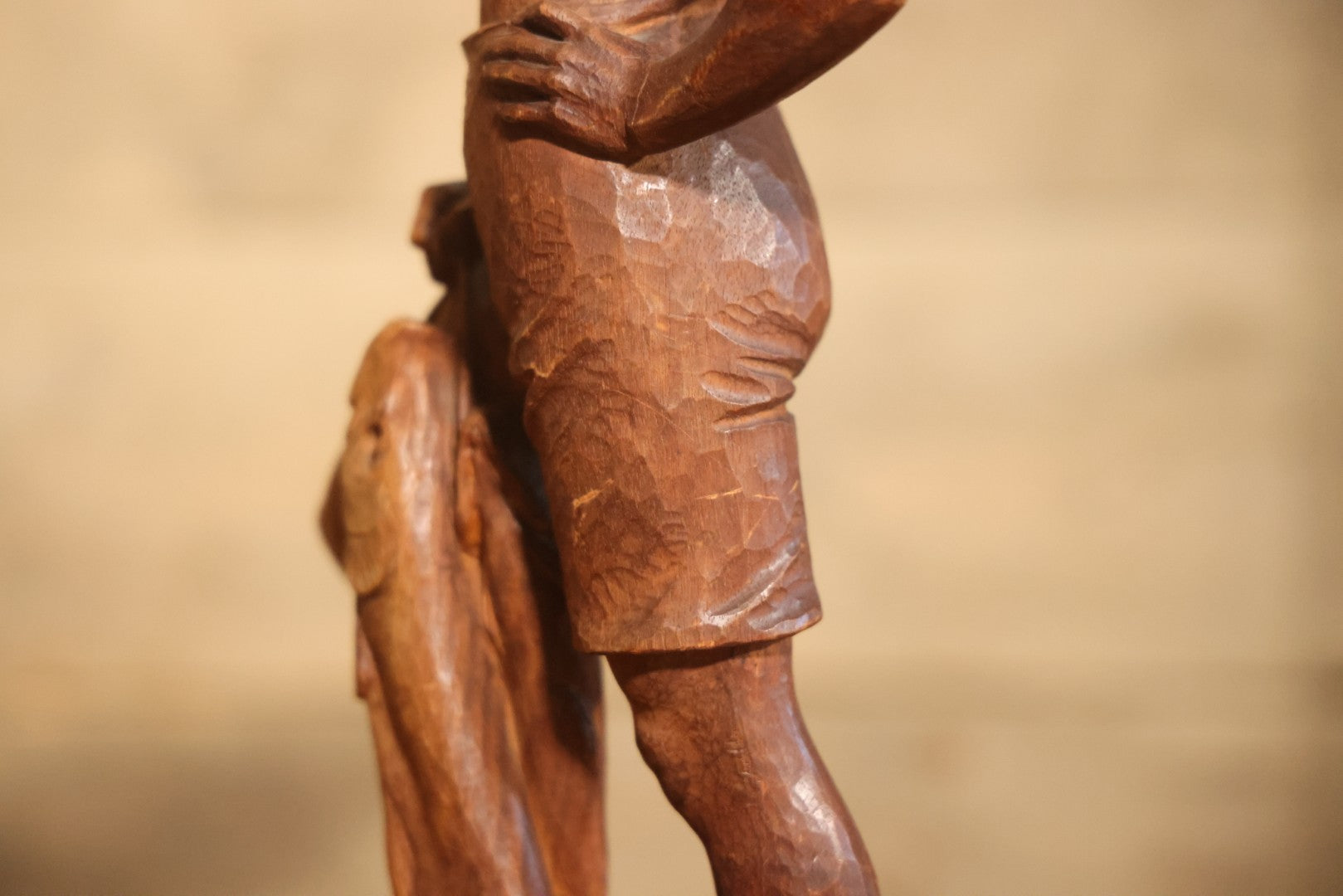 Vintage Folk Art Hand Carved Wood Sculpture Of Boy Fisherman Holding Large Catch, 18-5/8" H