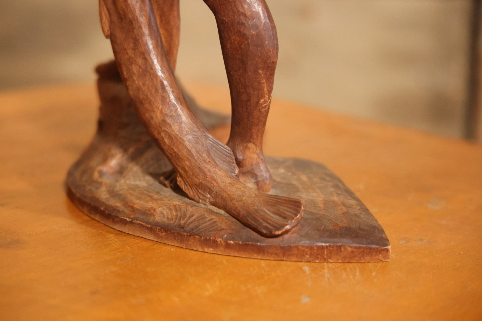 Vintage Folk Art Hand Carved Wood Sculpture Of Boy Fisherman Holding Large Catch, 18-5/8" H