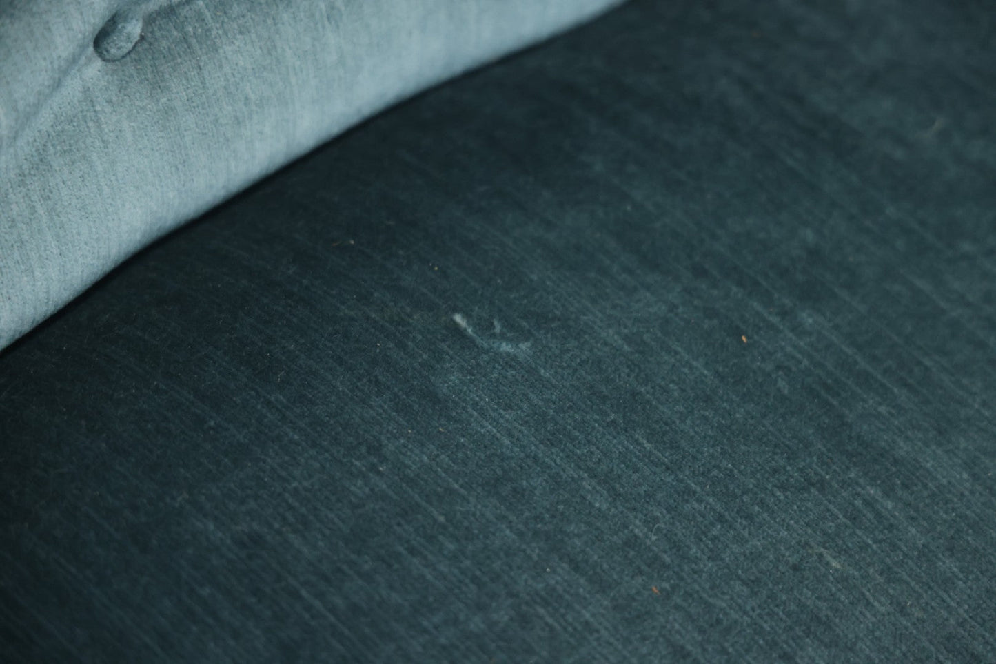 Antique Victorian Carved Walnut Settee With Tufted Blue Upholstery And Casters