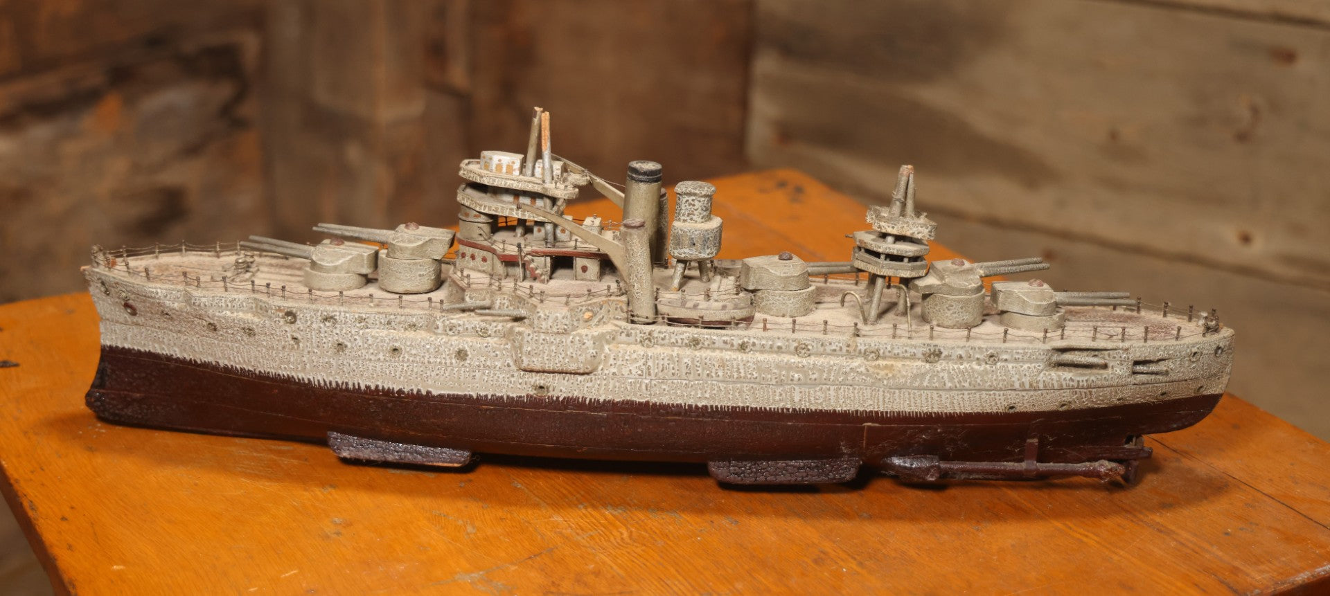 Vintage Folk Art Carved Wooden Battleship Model With Original Painted Surface, 23" L