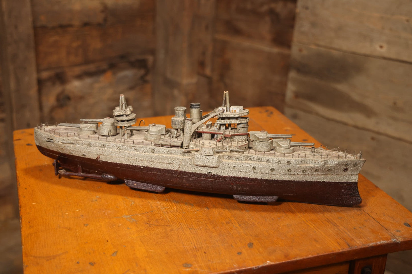 Vintage Folk Art Carved Wooden Battleship Model With Original Painted Surface, 23" L