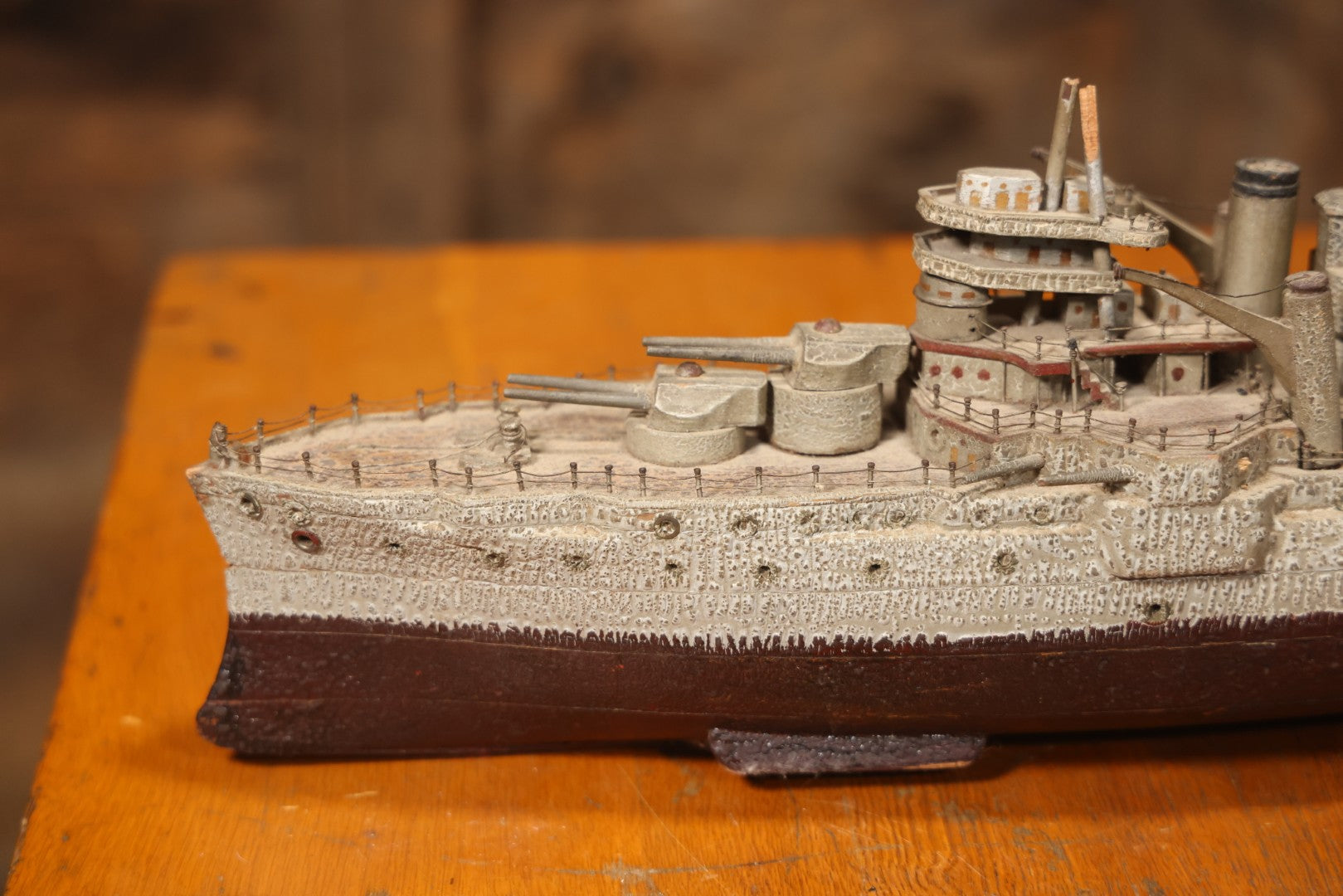 Vintage Folk Art Carved Wooden Battleship Model With Original Painted Surface, 23" L