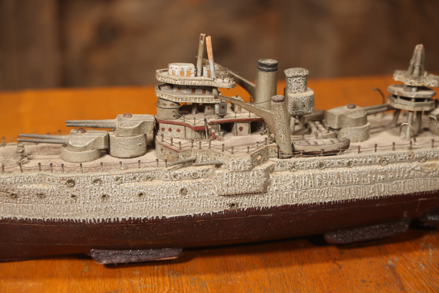 Vintage Folk Art Carved Wooden Battleship Model With Original Painted Surface, 23" L