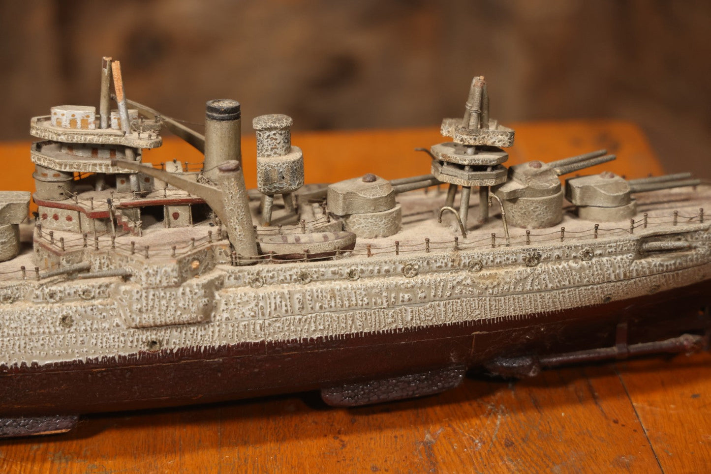Vintage Folk Art Carved Wooden Battleship Model With Original Painted Surface, 23" L