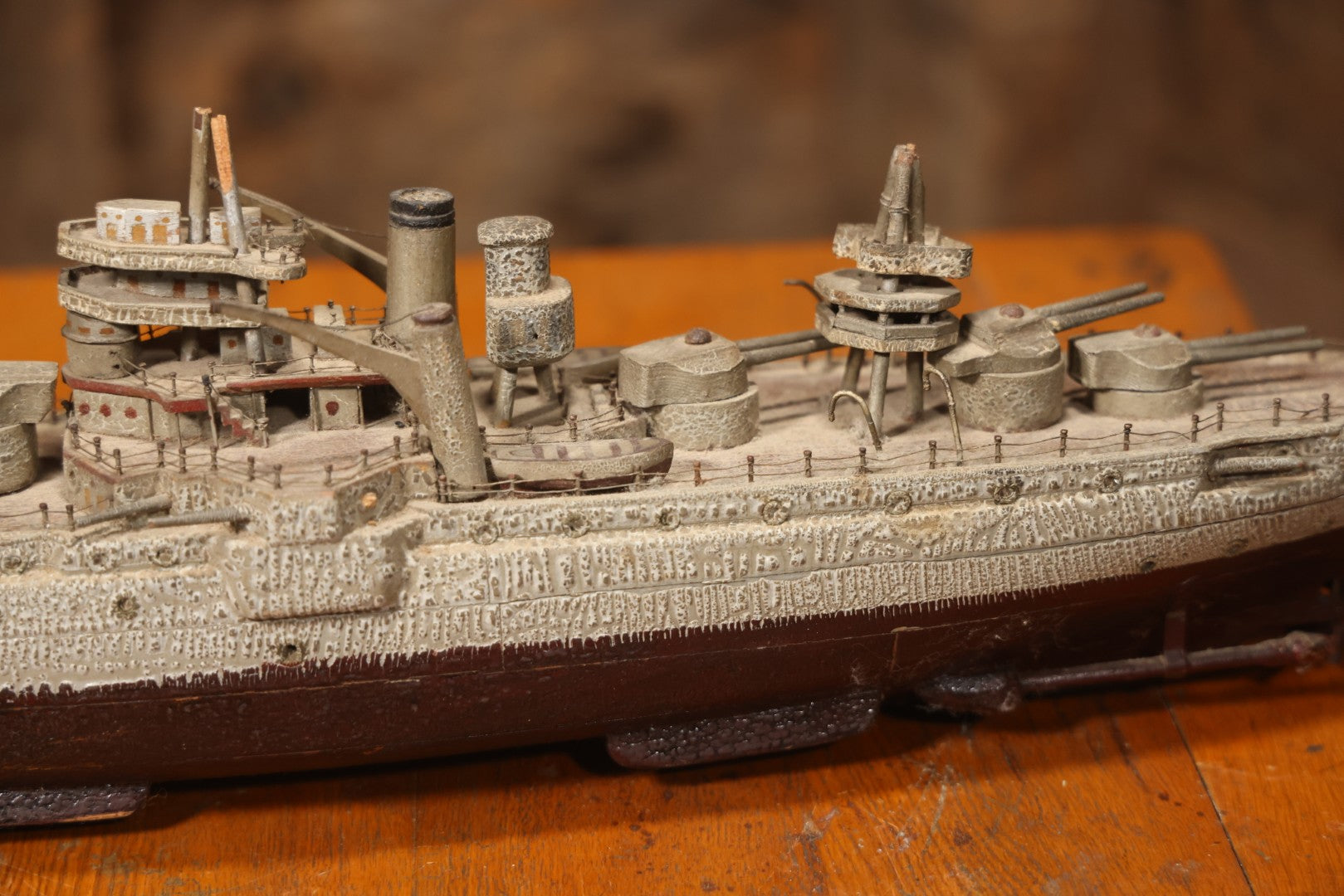 Vintage Folk Art Carved Wooden Battleship Model With Original Painted Surface, 23" L