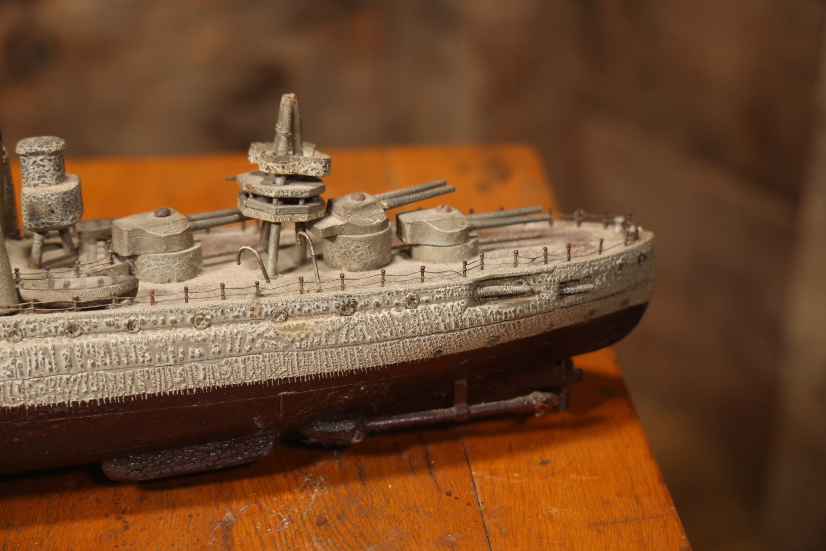 Vintage Folk Art Carved Wooden Battleship Model With Original Painted Surface, 23" L