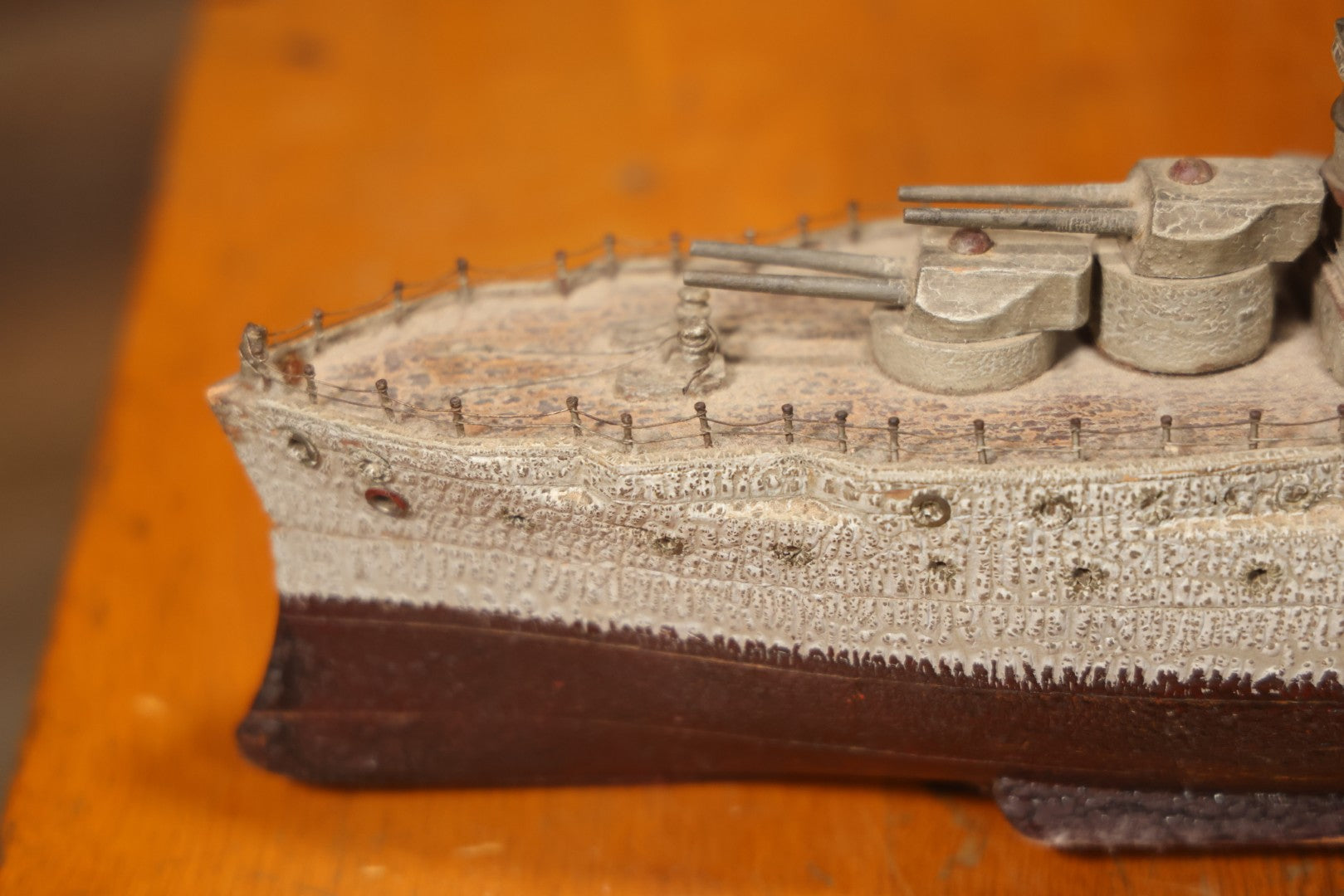 Vintage Folk Art Carved Wooden Battleship Model With Original Painted Surface, 23" L