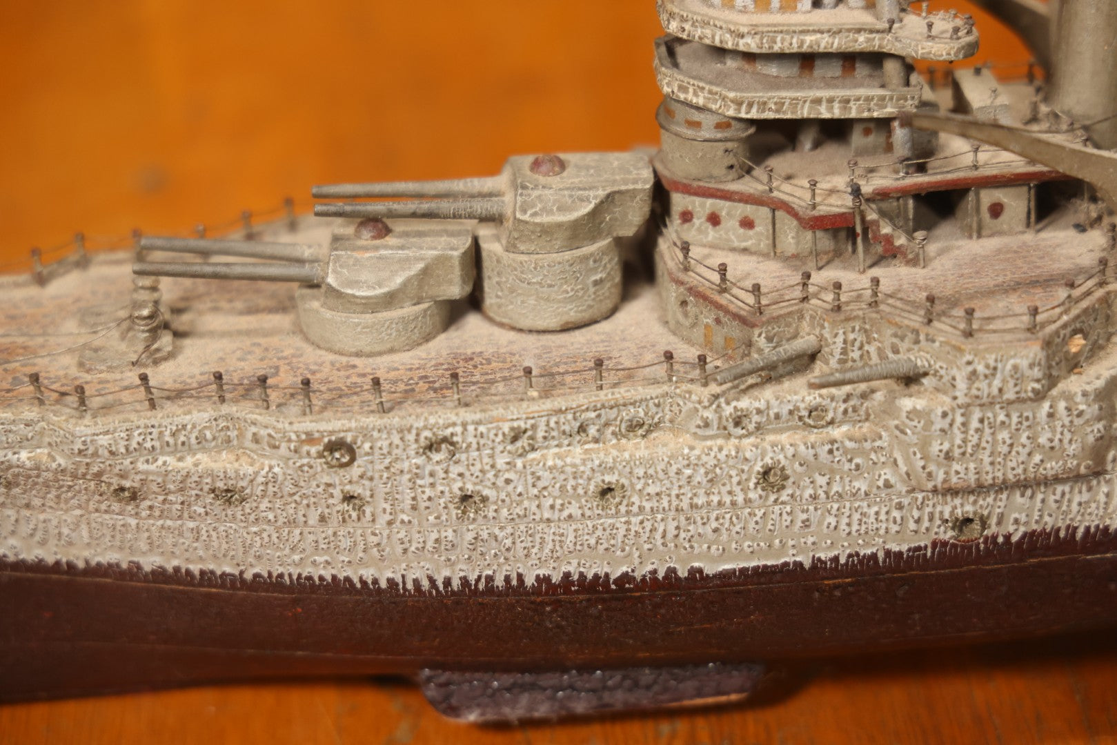 Vintage Folk Art Carved Wooden Battleship Model With Original Painted Surface, 23" L