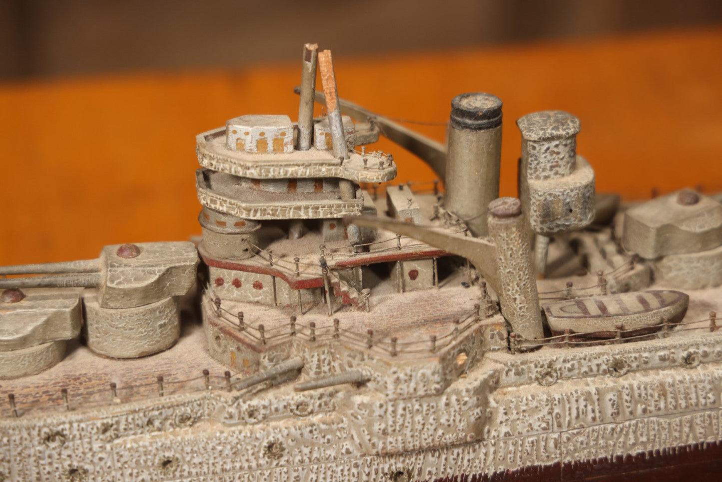 Vintage Folk Art Carved Wooden Battleship Model With Original Painted Surface, 23" L