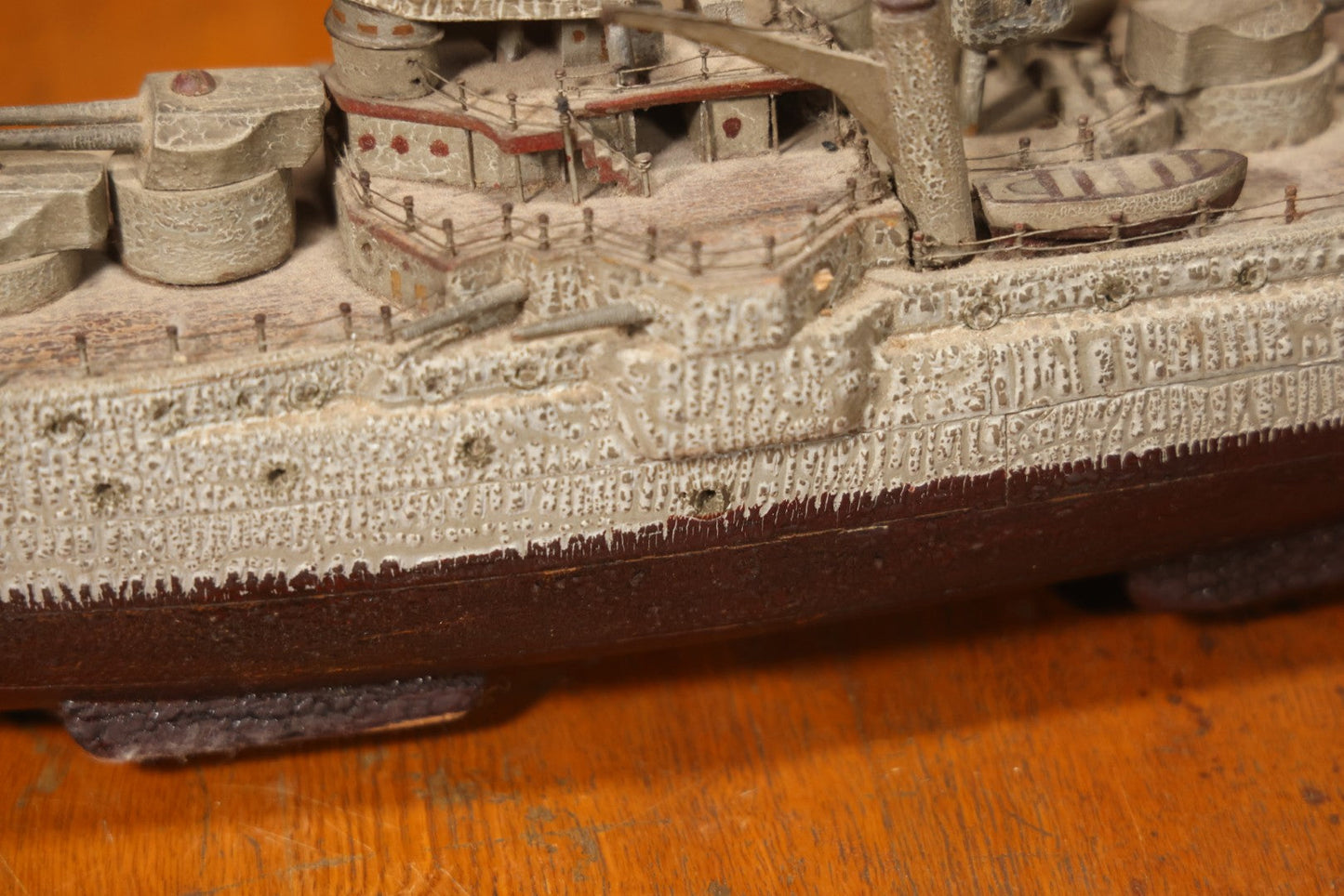 Vintage Folk Art Carved Wooden Battleship Model With Original Painted Surface, 23" L
