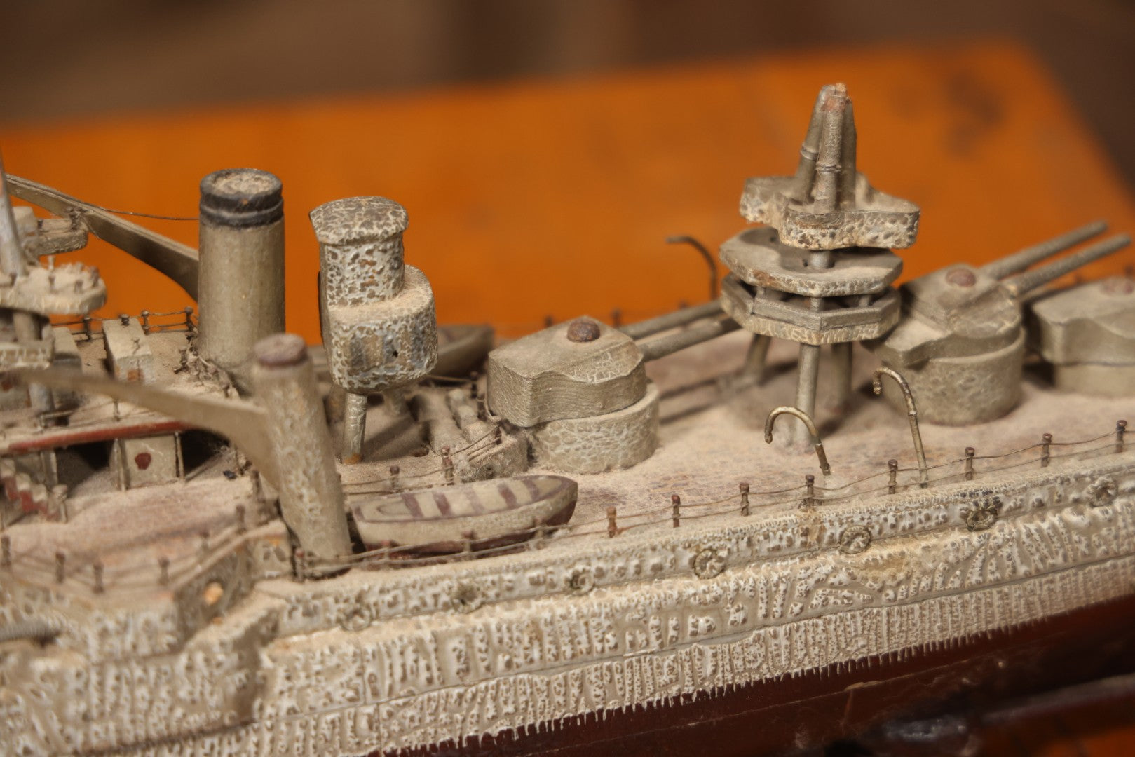Vintage Folk Art Carved Wooden Battleship Model With Original Painted Surface, 23" L