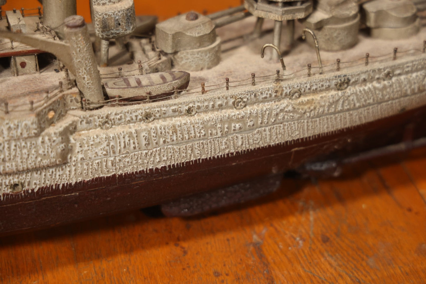 Vintage Folk Art Carved Wooden Battleship Model With Original Painted Surface, 23" L