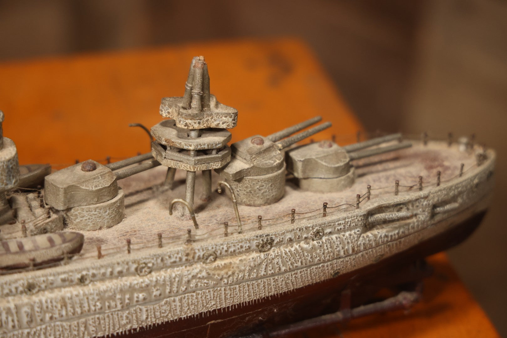 Vintage Folk Art Carved Wooden Battleship Model With Original Painted Surface, 23" L