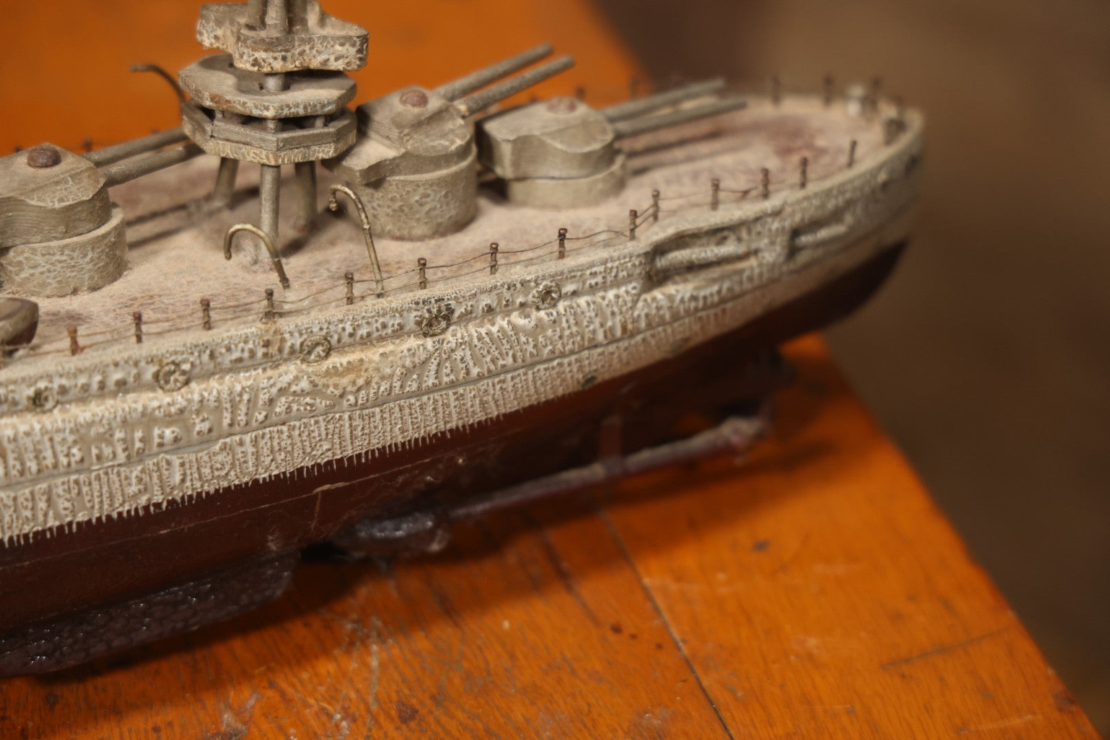 Vintage Folk Art Carved Wooden Battleship Model With Original Painted Surface, 23" L