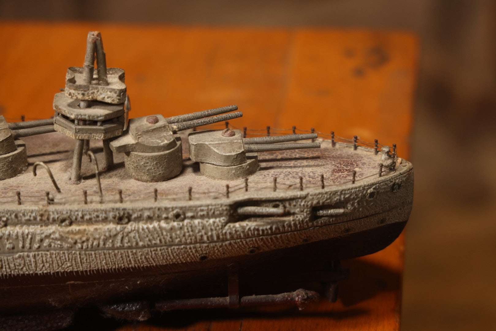 Vintage Folk Art Carved Wooden Battleship Model With Original Painted Surface, 23" L