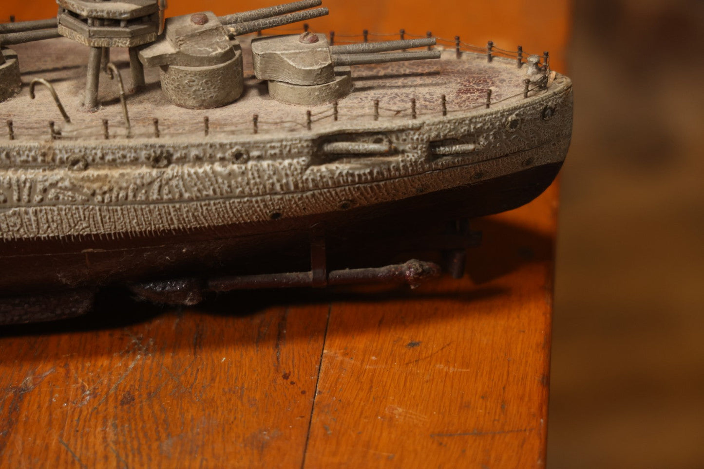 Vintage Folk Art Carved Wooden Battleship Model With Original Painted Surface, 23" L