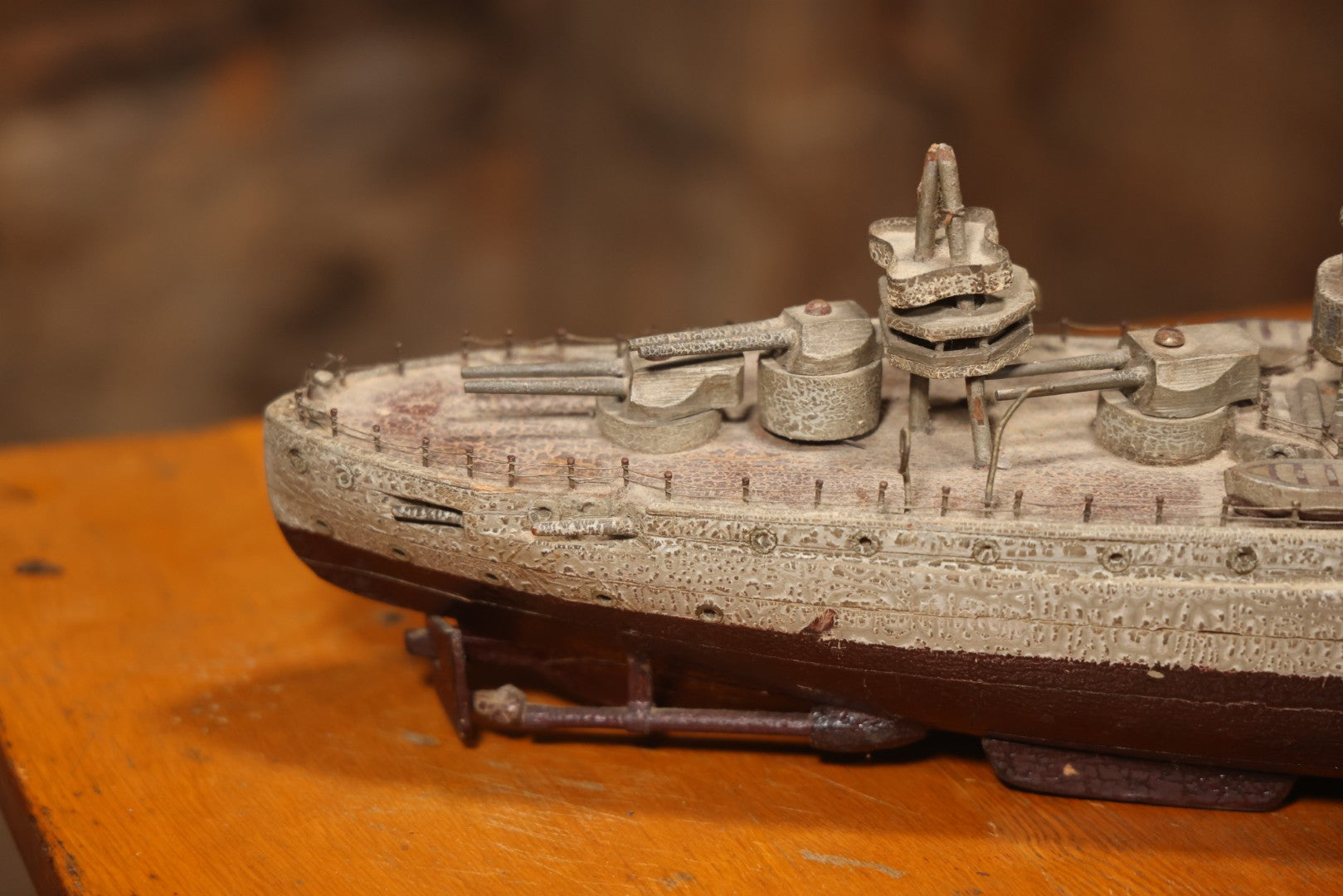 Vintage Folk Art Carved Wooden Battleship Model With Original Painted Surface, 23" L