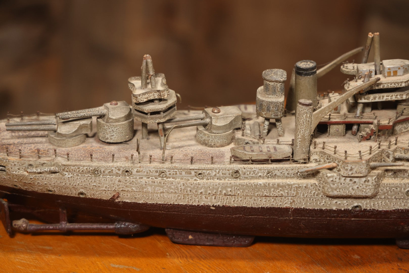 Vintage Folk Art Carved Wooden Battleship Model With Original Painted Surface, 23" L