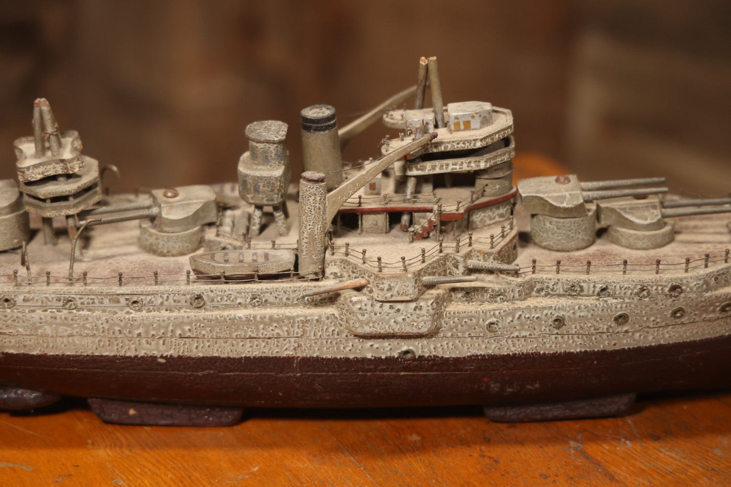 Vintage Folk Art Carved Wooden Battleship Model With Original Painted Surface, 23" L