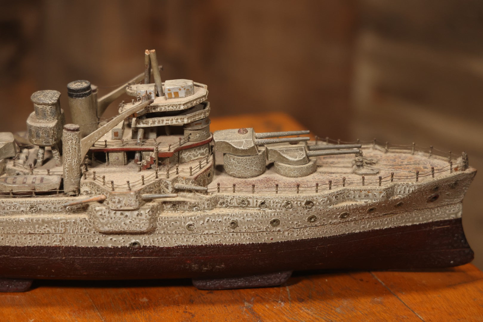 Vintage Folk Art Carved Wooden Battleship Model With Original Painted Surface, 23" L