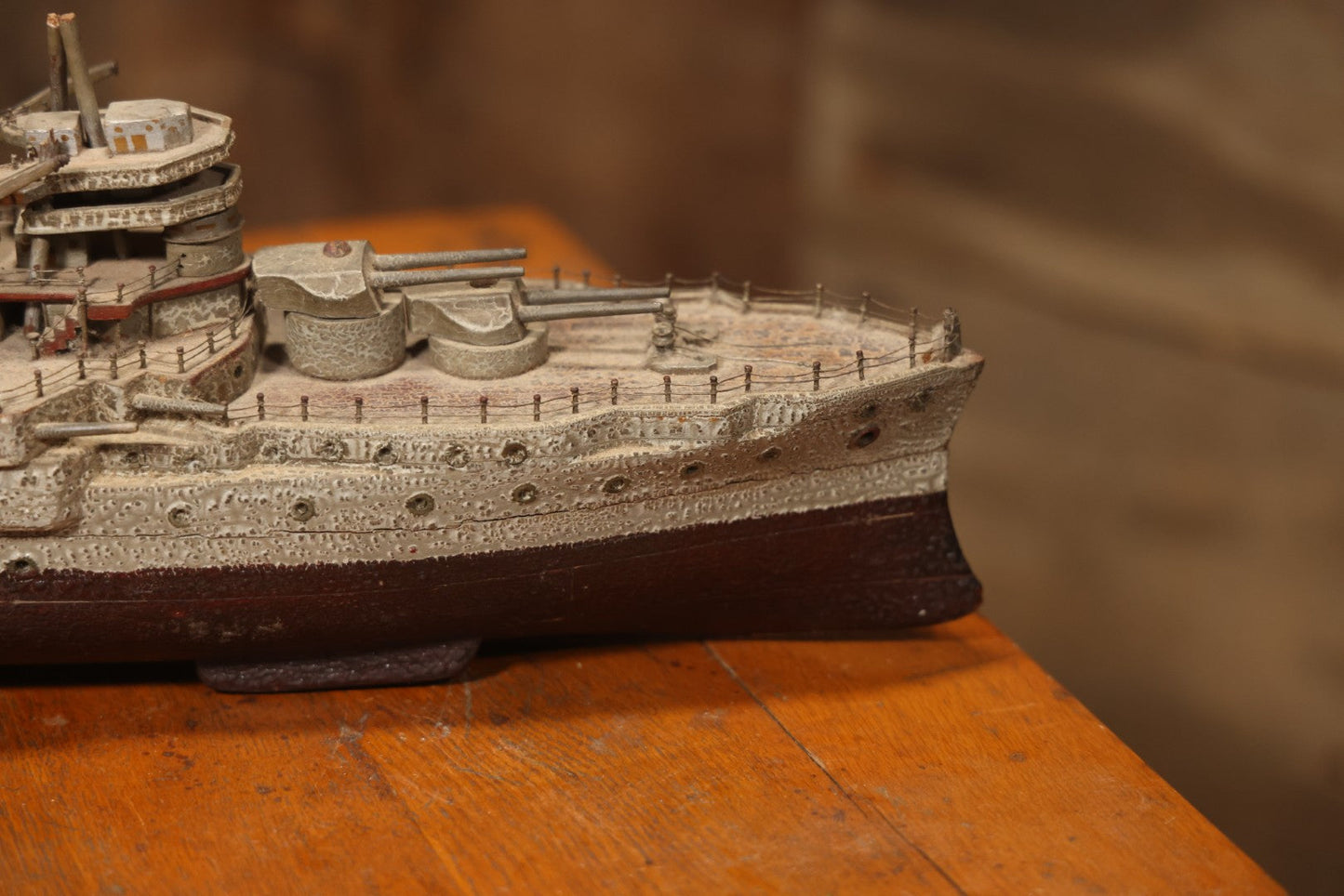 Vintage Folk Art Carved Wooden Battleship Model With Original Painted Surface, 23" L