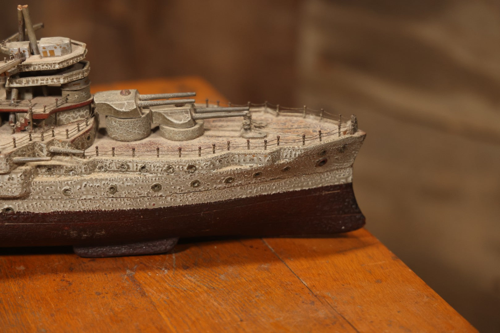 Vintage Folk Art Carved Wooden Battleship Model With Original Painted Surface, 23" L