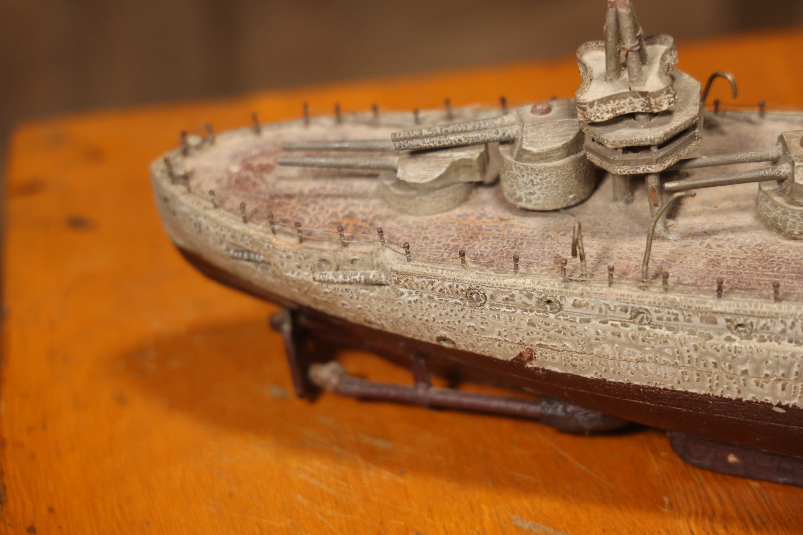 Vintage Folk Art Carved Wooden Battleship Model With Original Painted Surface, 23" L