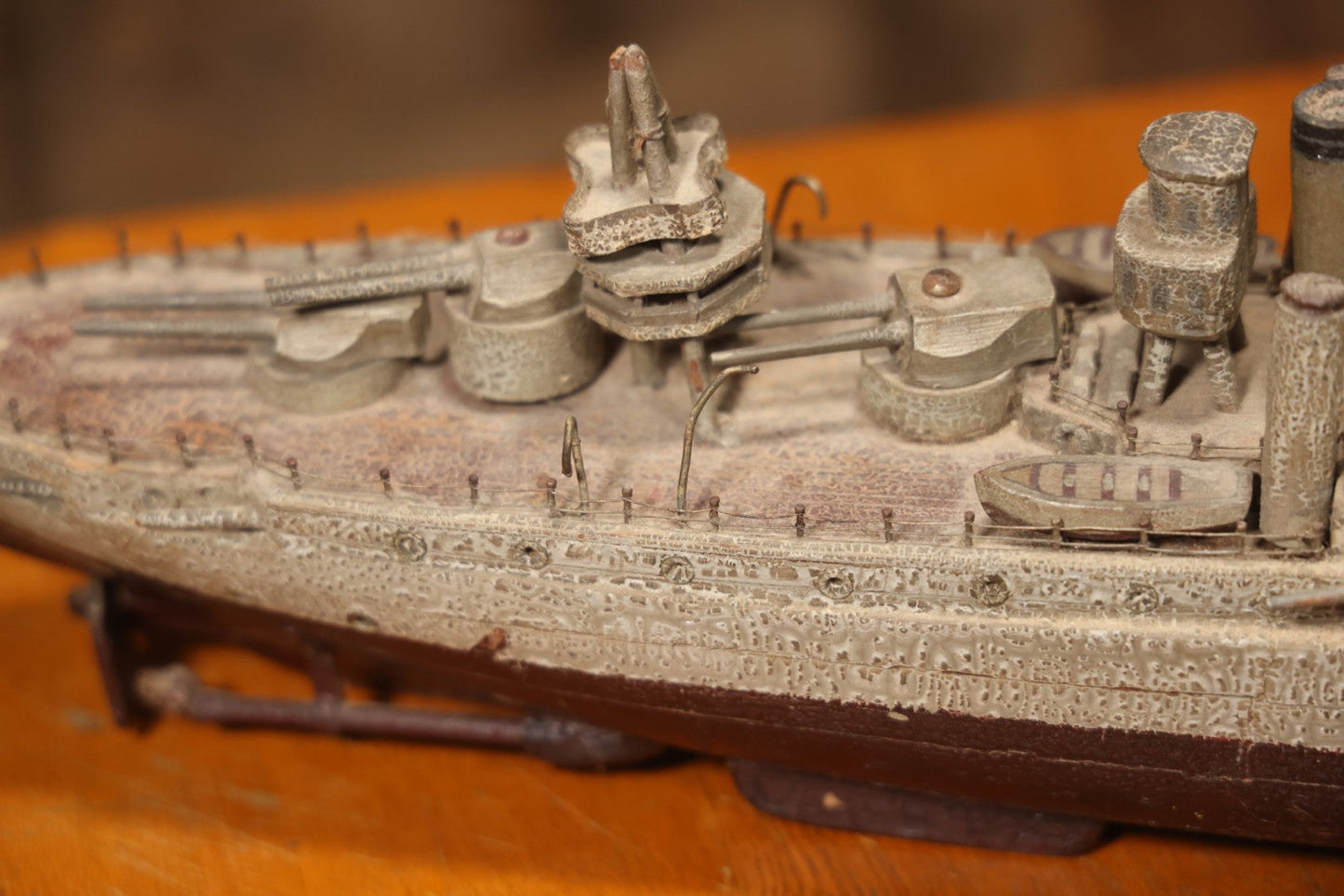 Vintage Folk Art Carved Wooden Battleship Model With Original Painted Surface, 23" L