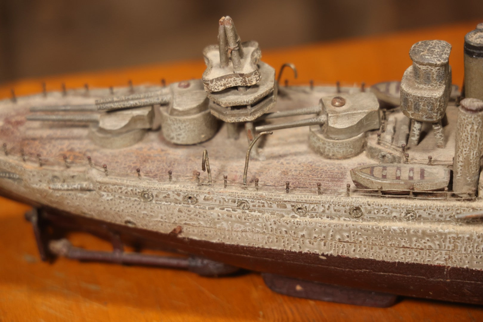 Vintage Folk Art Carved Wooden Battleship Model With Original Painted Surface, 23" L