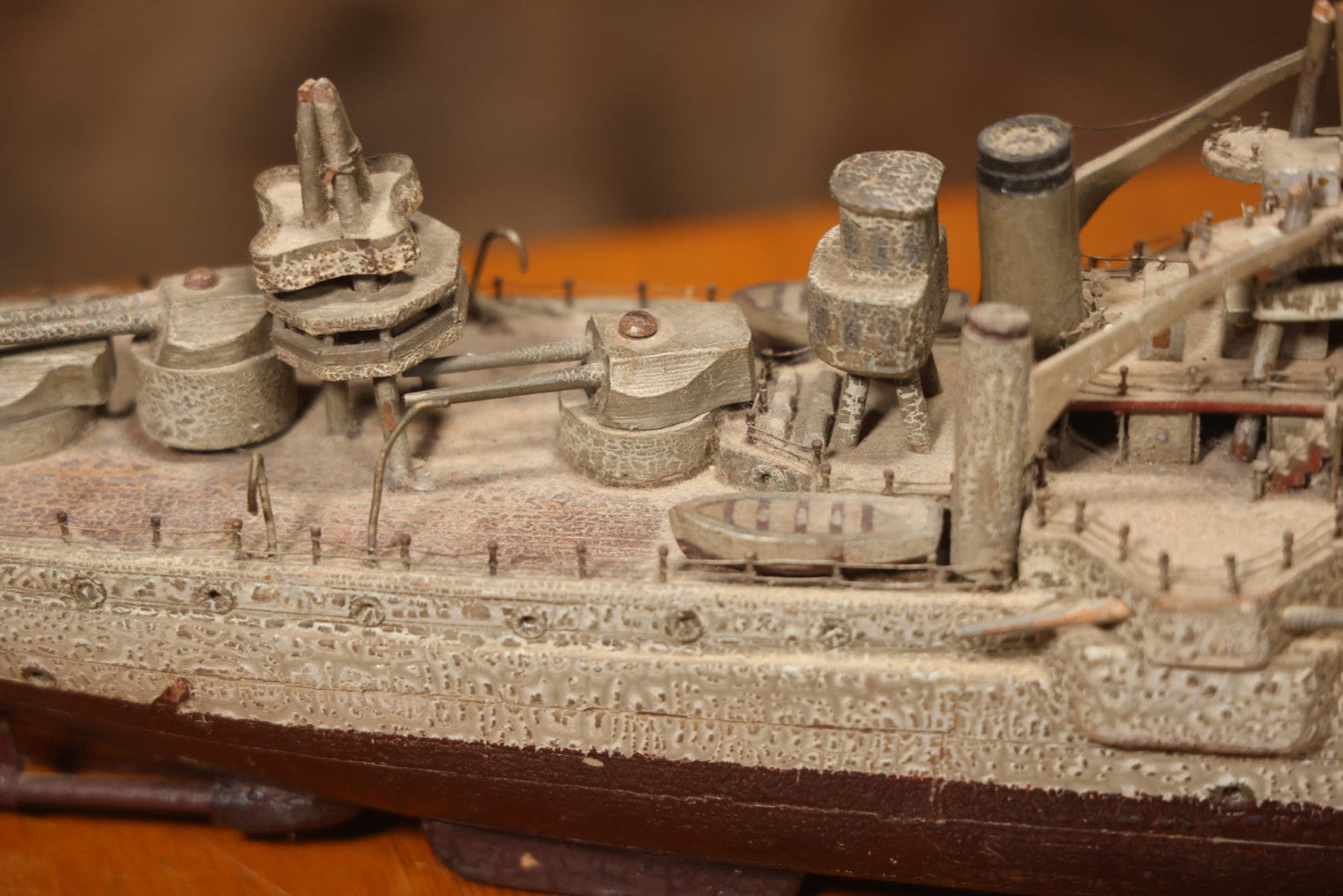 Vintage Folk Art Carved Wooden Battleship Model With Original Painted Surface, 23" L