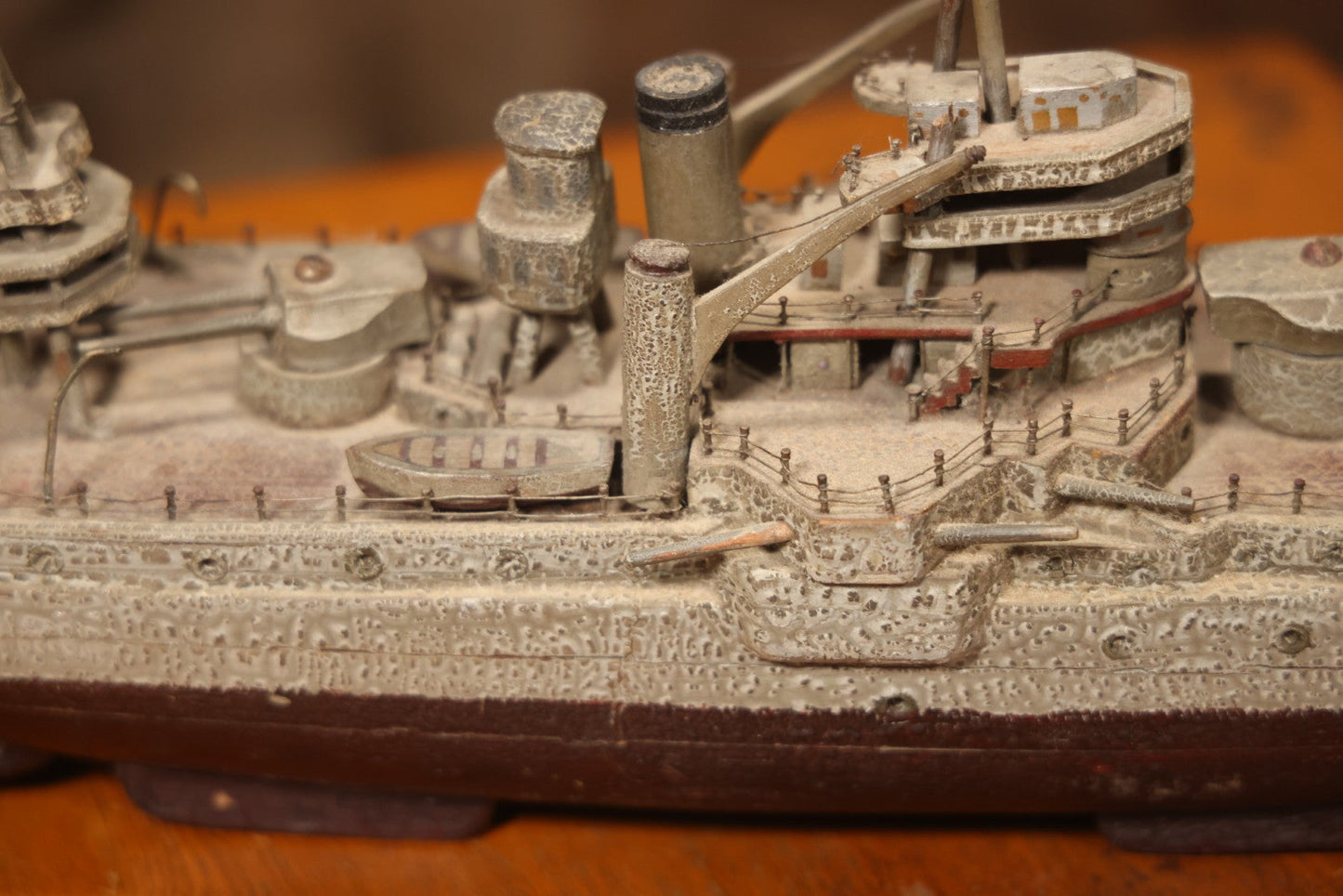 Vintage Folk Art Carved Wooden Battleship Model With Original Painted Surface, 23" L