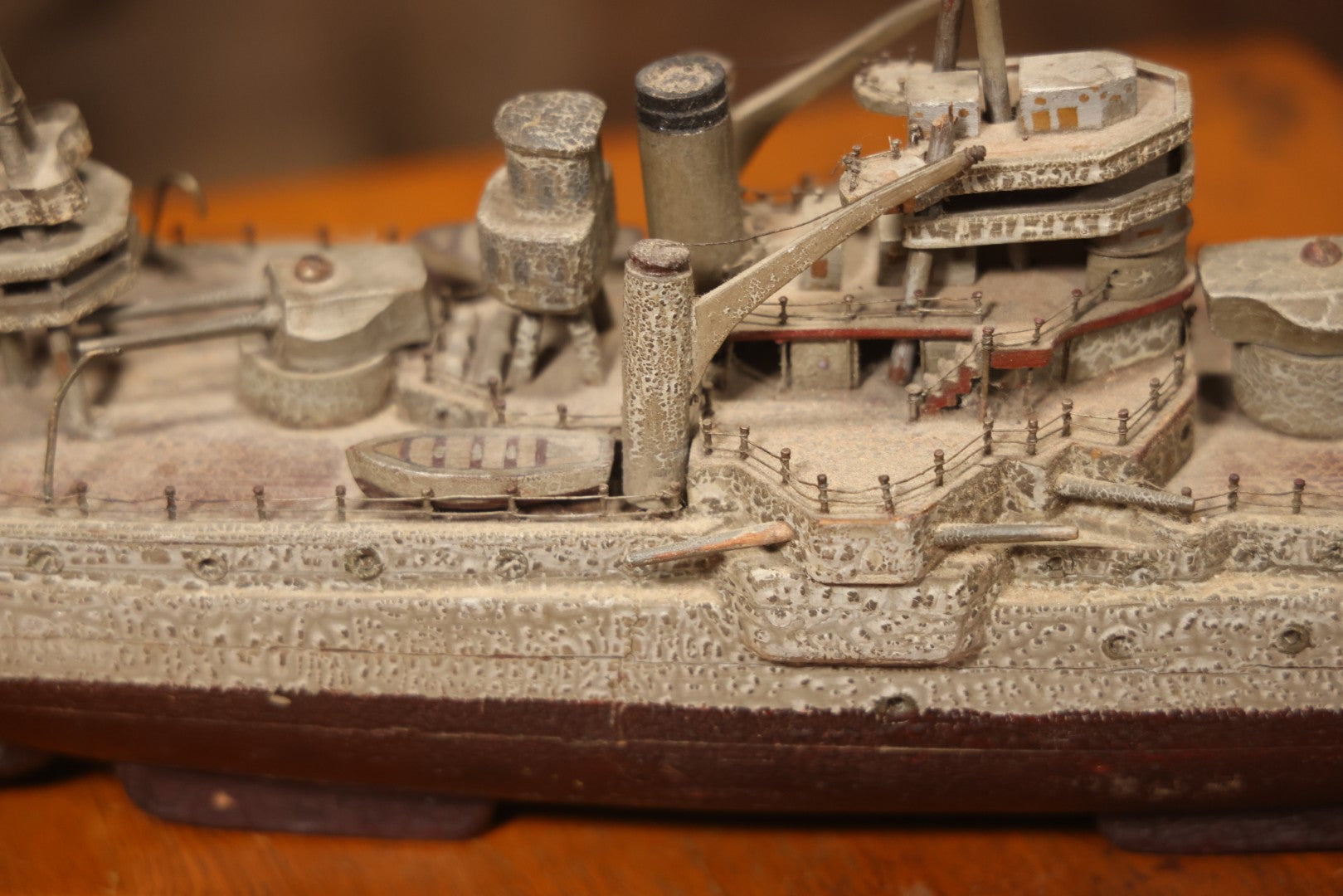 Vintage Folk Art Carved Wooden Battleship Model With Original Painted Surface, 23" L