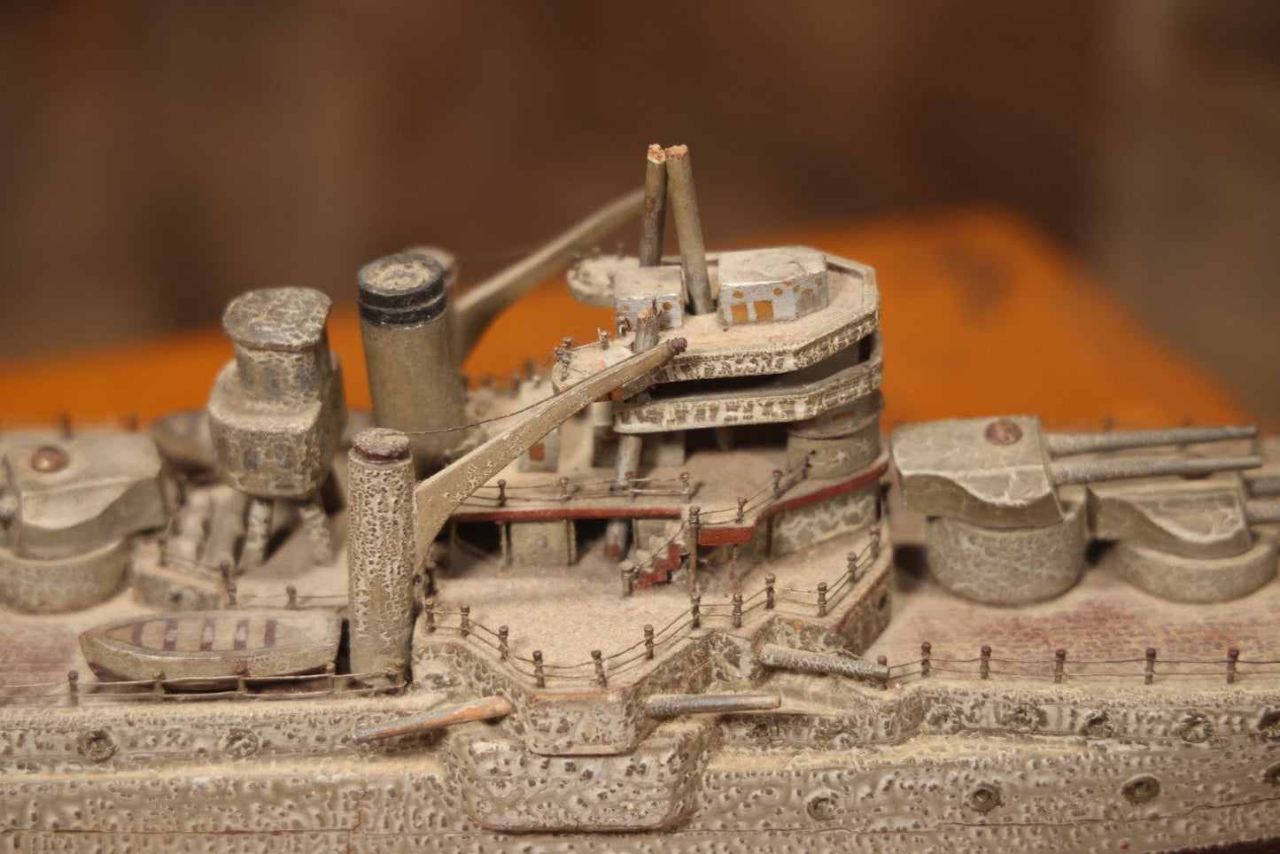 Vintage Folk Art Carved Wooden Battleship Model With Original Painted Surface, 23" L