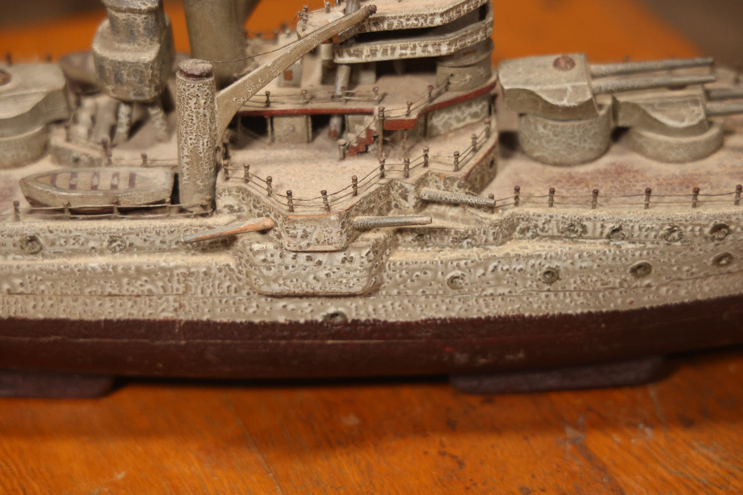 Vintage Folk Art Carved Wooden Battleship Model With Original Painted Surface, 23" L