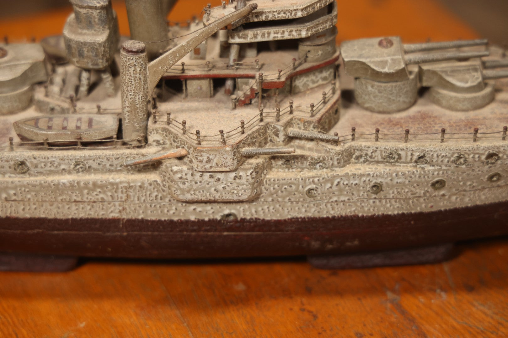 Vintage Folk Art Carved Wooden Battleship Model With Original Painted Surface, 23" L