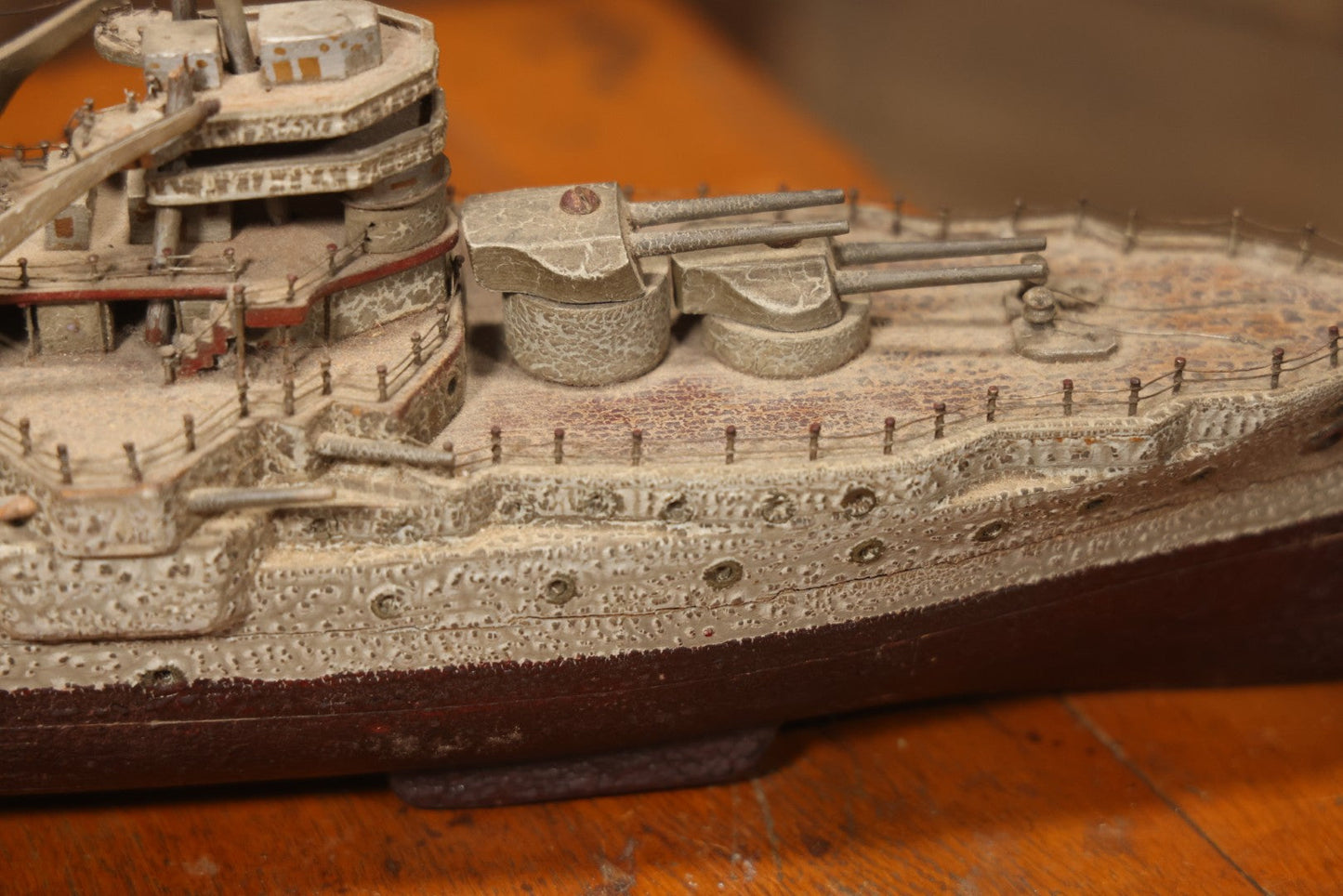 Vintage Folk Art Carved Wooden Battleship Model With Original Painted Surface, 23" L