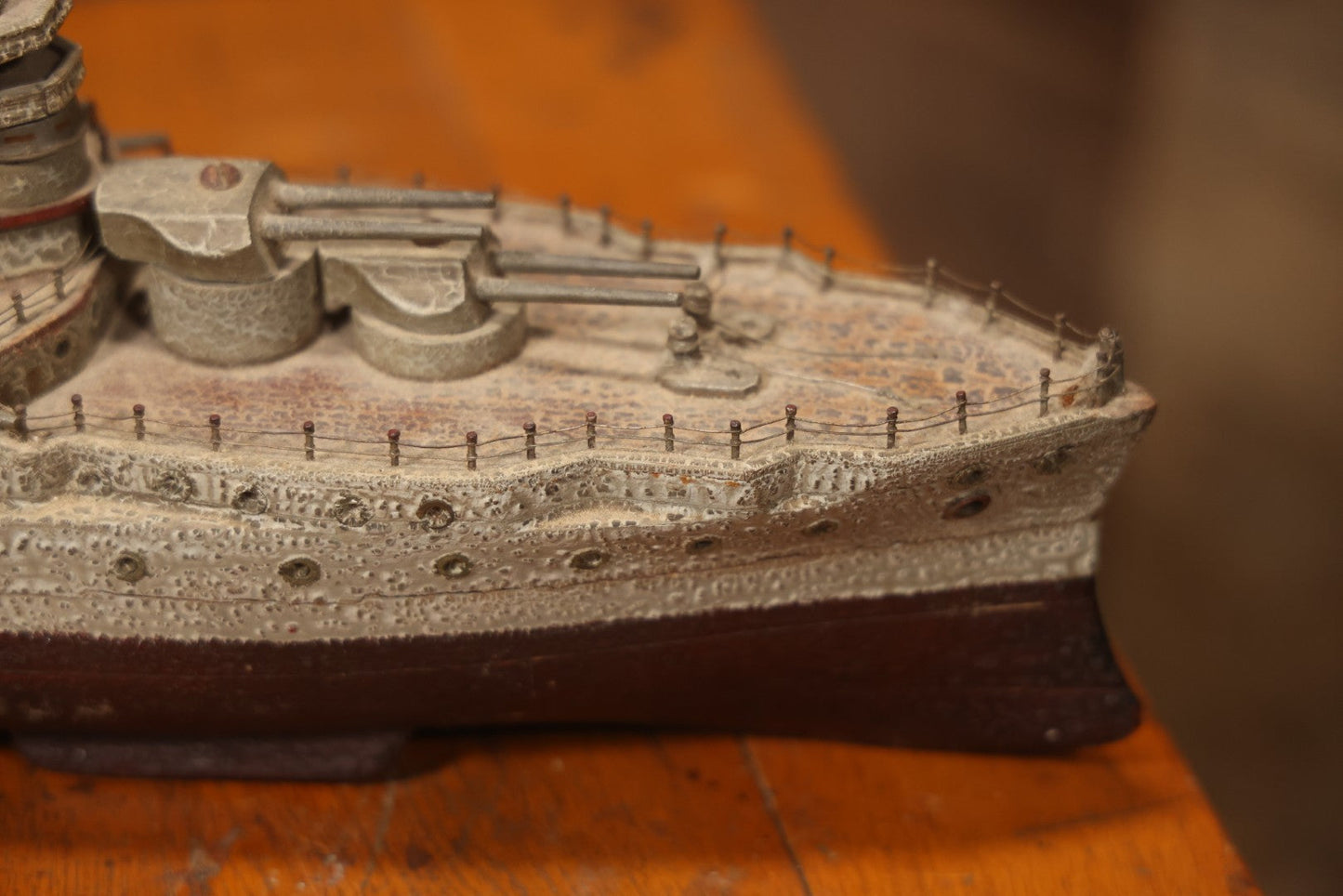 Vintage Folk Art Carved Wooden Battleship Model With Original Painted Surface, 23" L