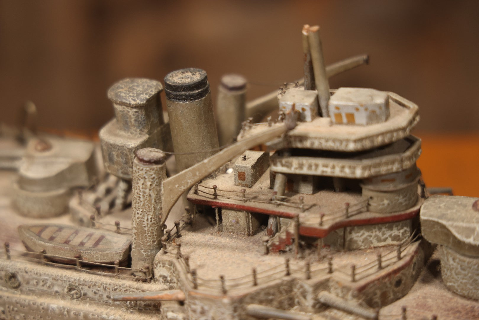 Vintage Folk Art Carved Wooden Battleship Model With Original Painted Surface, 23" L