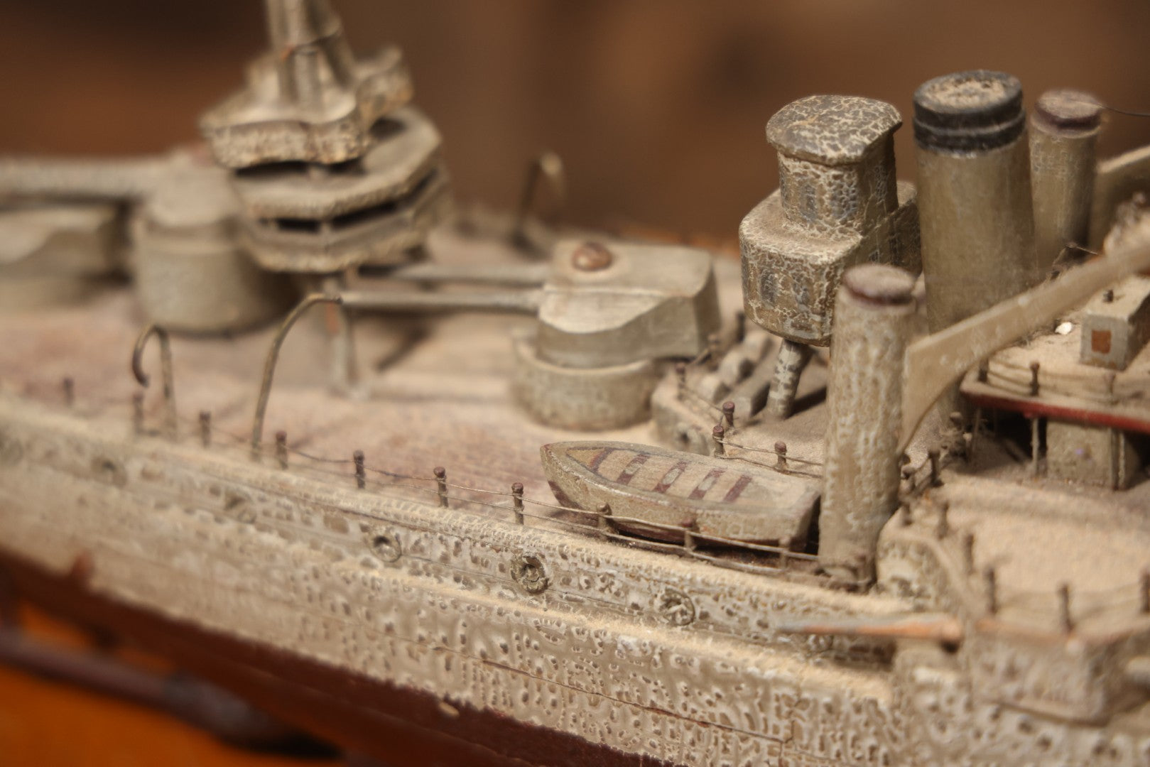 Vintage Folk Art Carved Wooden Battleship Model With Original Painted Surface, 23" L