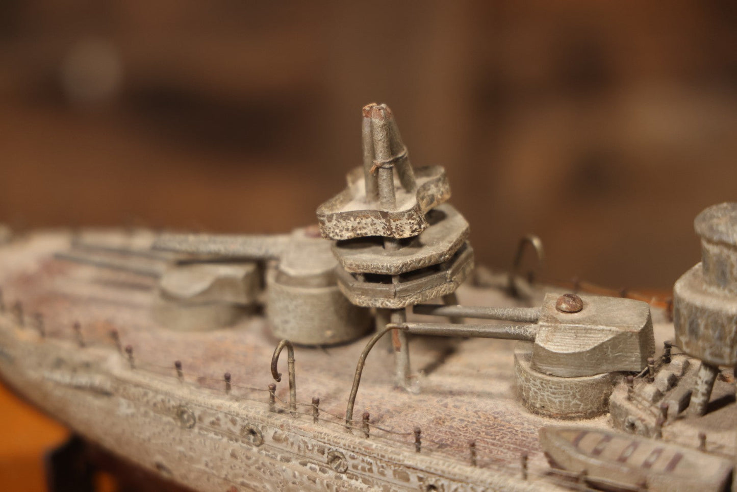 Vintage Folk Art Carved Wooden Battleship Model With Original Painted Surface, 23" L