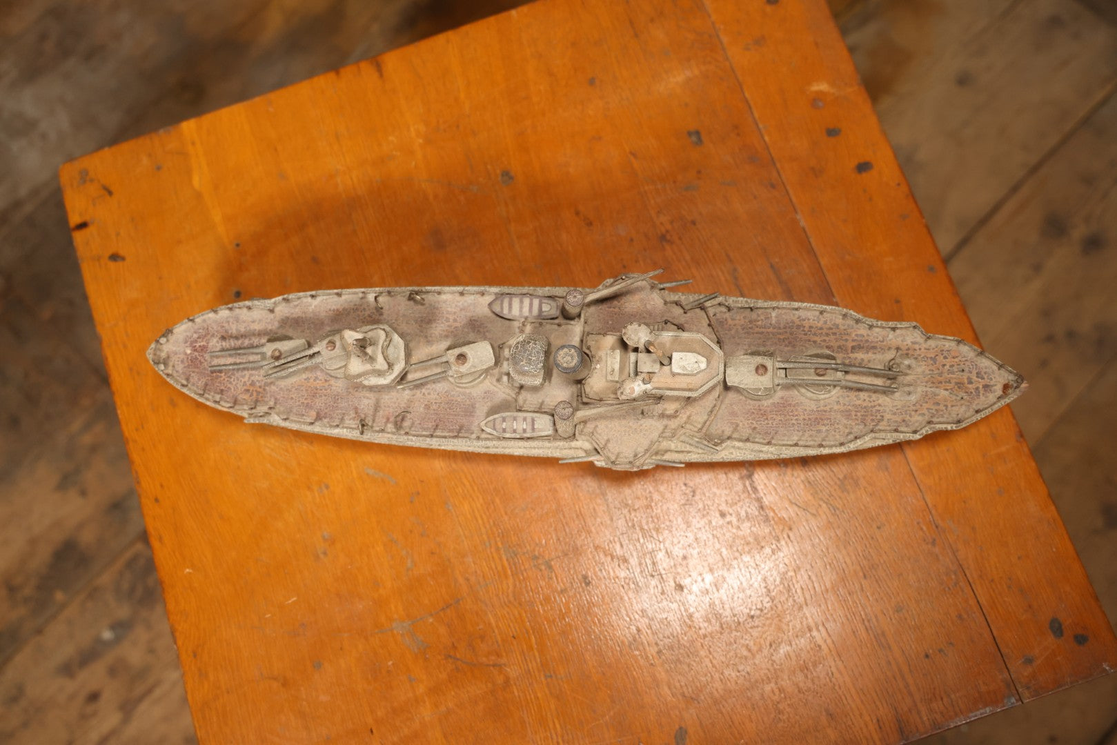 Vintage Folk Art Carved Wooden Battleship Model With Original Painted Surface, 23" L
