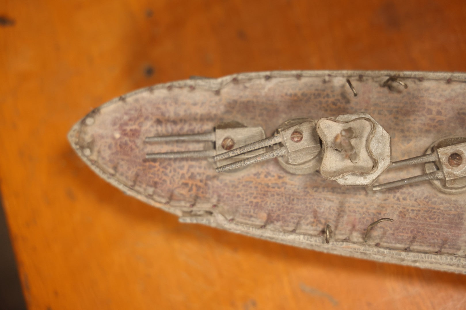 Vintage Folk Art Carved Wooden Battleship Model With Original Painted Surface, 23" L